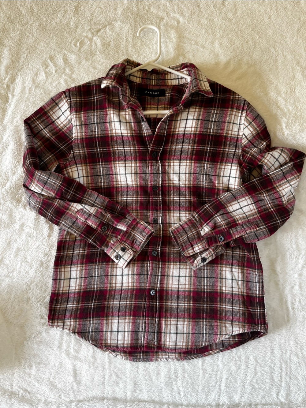 PacSun Plaid Button-Up Flannel Shirt - Burgundy, White, Gray